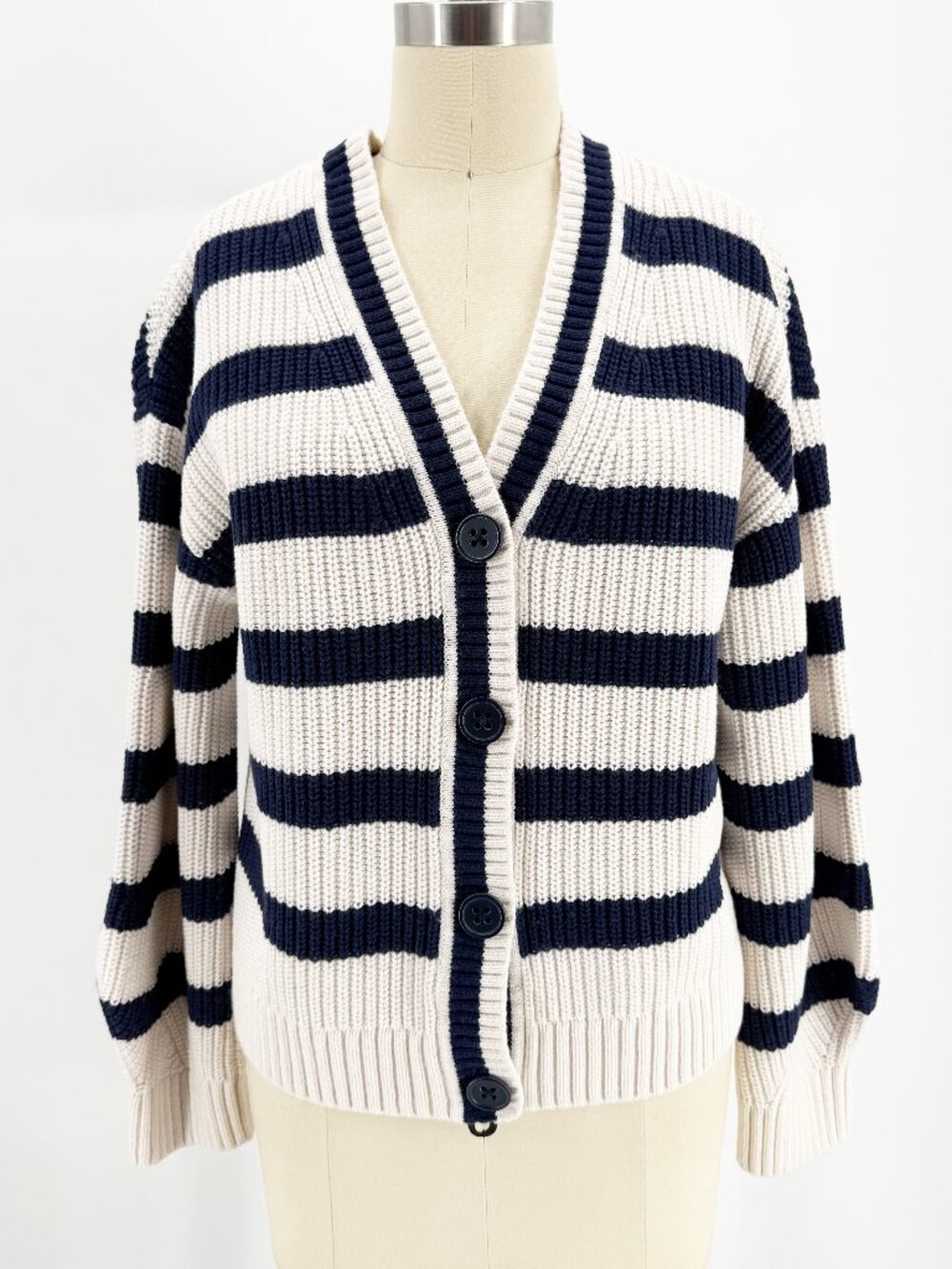 & Other Stories Wool Blend Navy & White Striped V‑Neck Cardigan S - Picture 2 of 12